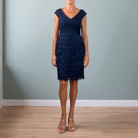 TADASHI SHOJI EMBROIDERED LACE V-NECK BLUE SHEATH DRESS - Picture 1 of 6